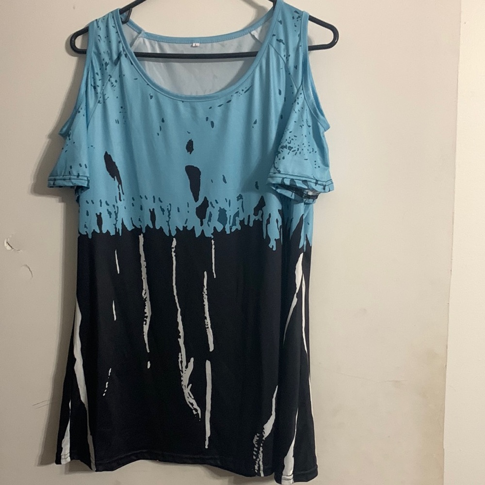 Blue and black cold shoulder blouse